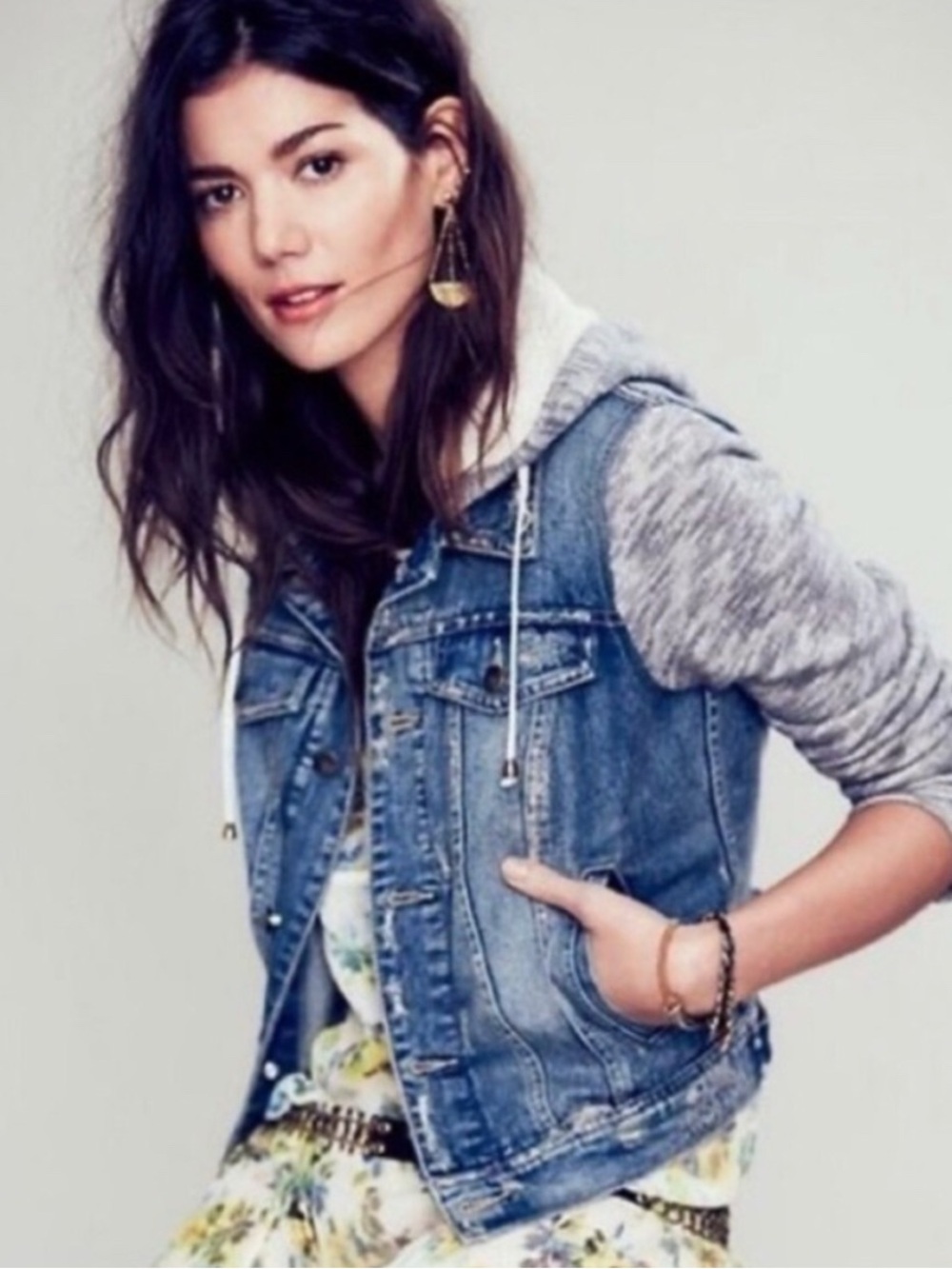 Free People Blue Denim Vest with Gray Hoodie Sleeves